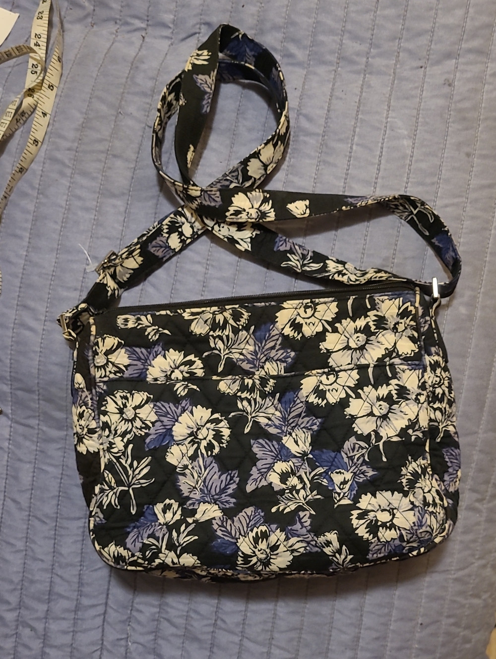 Vera Bradley Black Quilted Crossbody with Cream Floral and Blue Accents